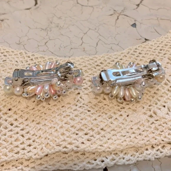 Vintage 80s Pink Pearl Starburst Cluster Beaded Barrettes - Picture 6 of 7